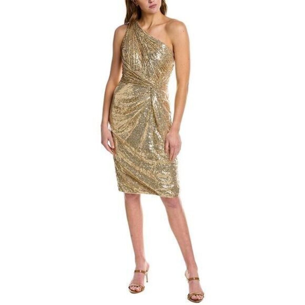 Rene Ruiz Collection Sequin One Shoulder Dress Designer Wedding Gold Women's 10